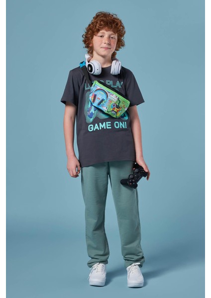 Kids Siyah Fosforlu Yeşil Kulaklık Game Desenli Bel Çantası 11559