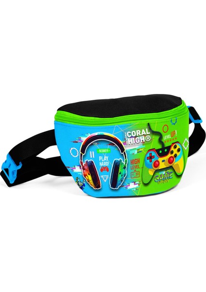 Kids Siyah Fosforlu Yeşil Kulaklık Game Desenli Bel Çantası 11559