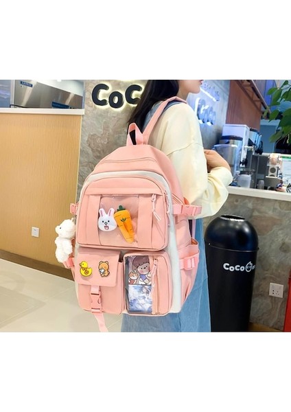 Yucama 4 Parça Set Kadın Laptop Çantası Su Geçirmez Seyahat Öğrenci Okul Çantası Seyahat Omuz Çantası Büyük Kapasiteli Aksesuarlarla - Pink (Yurt Dışından)
