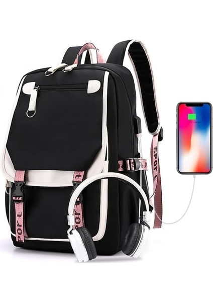 Yucama Genç Kızların Orta Lise Öğrencileri Açık 21L Rahat USB Şarj Portlu Peluş Döşemeli Büyük Kapasite - Black (Yurt Dışından)