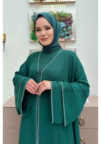 Taş Işleme Detaylı Elbise Abaya Takım 3873 Zümrüt fırsatları