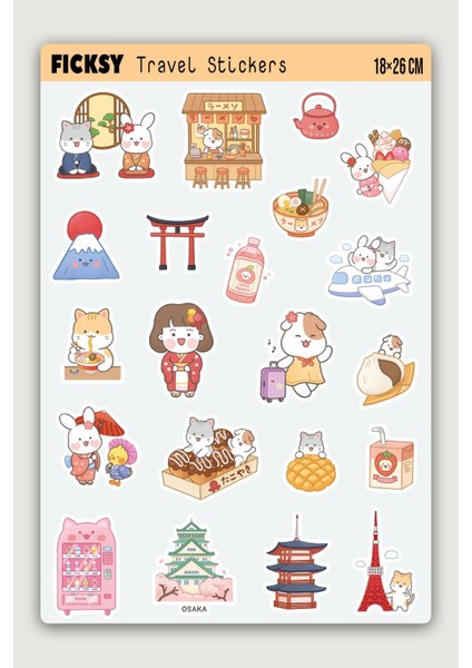 Kawaii Stili Sevimli Hayvanlar Japonya Seyahat Temalı Sticker Seti - 21 Adet Etiket Çıkartma