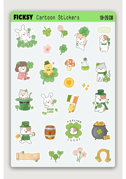 Kawaii Stili Sevimli Hayvanlar 4 Yapraklı Yonca Temalı Sticker Seti - 26 Adet Etiket Çıkartma