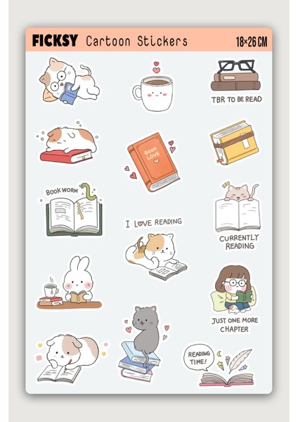 Kawaii Stili Sevimli Hayvanlar Kitap Tutkunu Temalı Sticker Seti - 14 Adet Etiket Çıkartma