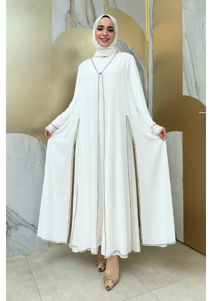 Taş Işleme Detaylı Elbise Abaya Takım 3873 Ekru