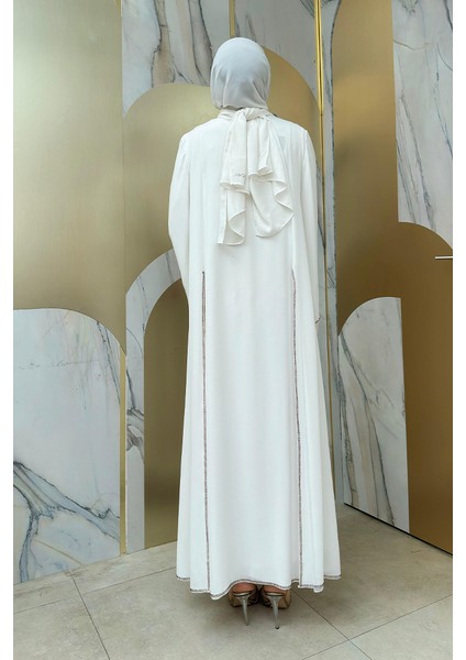 Taş Işleme Detaylı Elbise Abaya Takım 3873 Ekru fiyatları