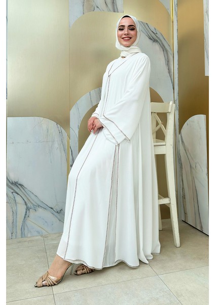 Taş Işleme Detaylı Elbise Abaya Takım 3873 Ekru modelleri
