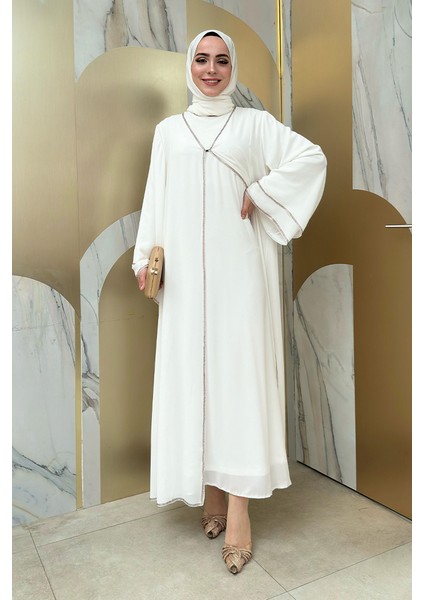 Taş Işleme Detaylı Elbise Abaya Takım 3873 Ekru fırsatları