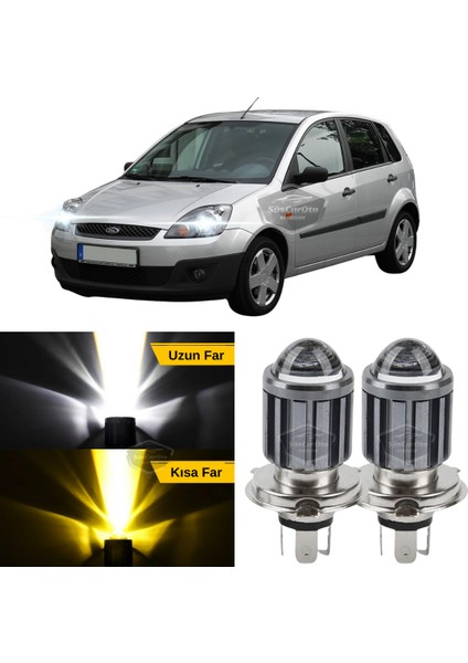 Ford Fiesta 2002-2008 Uyumlu Mercekli Far Ampulü LED Xenon Çift Renk Sarı-Beyaz Far Şimşek Etkili Csp LED Lamba Uzun Kısa 2 Adet Takım