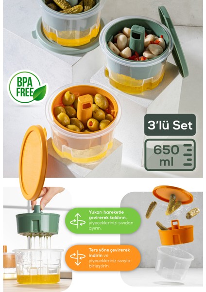 3lü Renkli Sunumluk Zeytin Turşu Peynir Çok Amaçlı Süzgeçli Saklama Kabı Seti