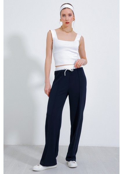 Kadın Lacivert Bol Paça Çımalı Pantolon 6662