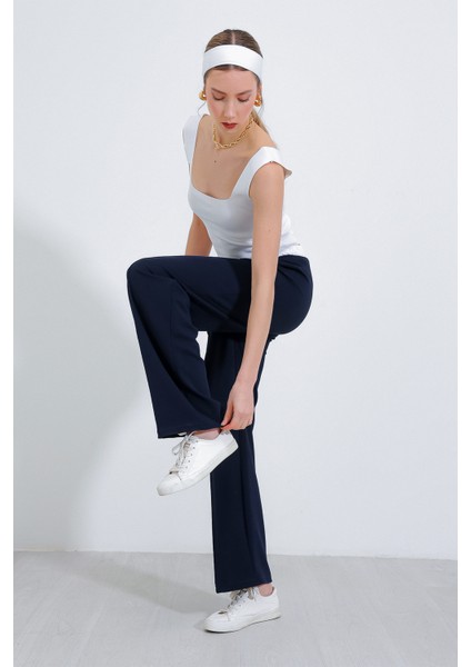 Kadın Lacivert Bol Paça Çımalı Pantolon 6662 modelleri