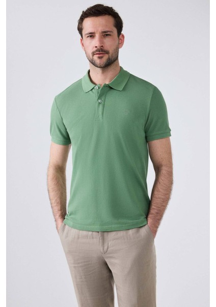 D'S Damat Regular Fit Açık Yeşil Pike Dokulu %100 Pamuk Kıvrılmaz Polo Yaka Nakışlı T-Shirt 4HC14ORT51000