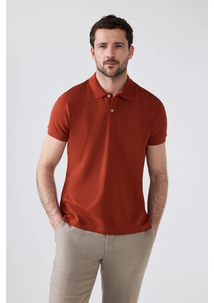 D'S Damat Regular Fit Kiremit Pike Dokulu %100 Pamuk Kıvrılmaz Polo Yaka Nakışlı T-Shirt 4HC14ORT51000