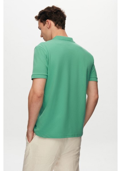 Regular Fit Mint Pike Dokulu %100 Pamuk Kıvrılmaz Polo Yaka Nakışlı T-Shirt 6HC14ORT51000