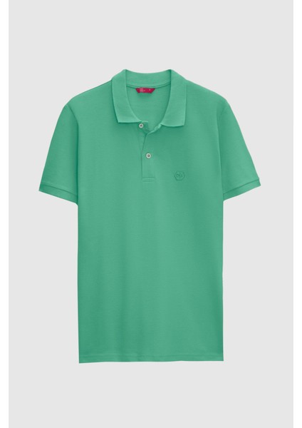 Regular Fit Mint Pike Dokulu %100 Pamuk Kıvrılmaz Polo Yaka Nakışlı T-Shirt 6HC14ORT51000