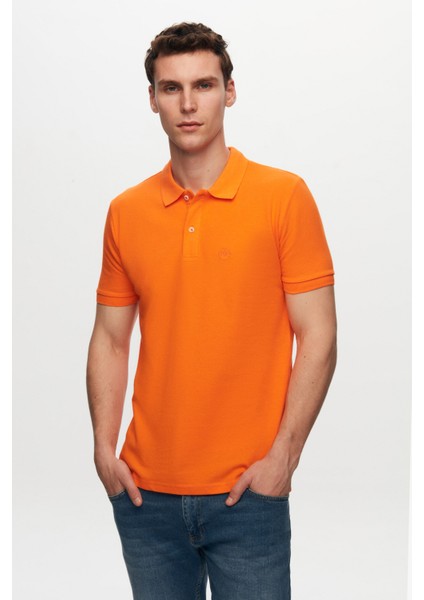 Regular Fit Turuncu Pike Dokulu %100 Pamuk Kıvrılmaz Polo Yaka Nakışlı T-Shirt 6HC14ORT51000