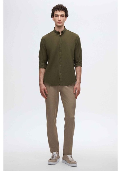 Slim Fit Haki Düğmeli Yaka %100 Pamuk Yazlık Flamlı Keten Görünümlü Gömlek 6HC02ORT63265 fırsatları