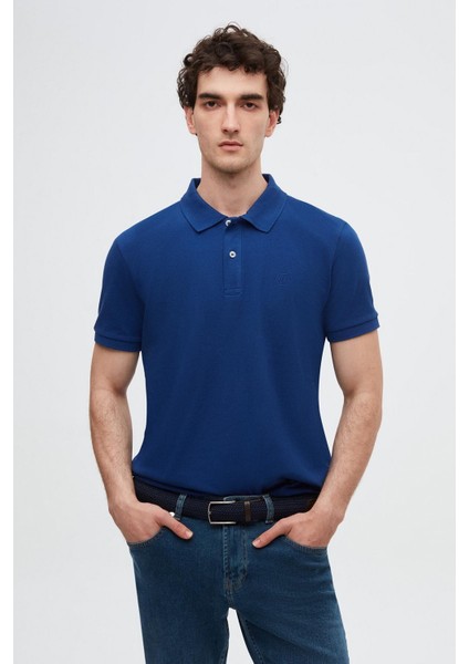 D'S Damat Regular Fit Saks Mavi Pike Dokulu %100 Pamuk Kıvrılmaz Polo Yaka Nakışlı T-Shirt 4HC14ORT51000