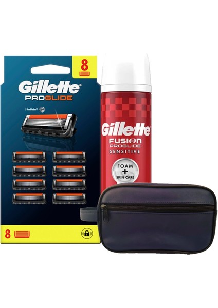 Proglide 8'li Tıraş Bıçağı+ Gillette Proglide Köpük + Çanta li