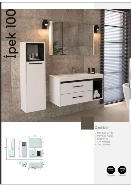 İpek 100 cm Banyo Dolabı Boy Dolabı Dahil