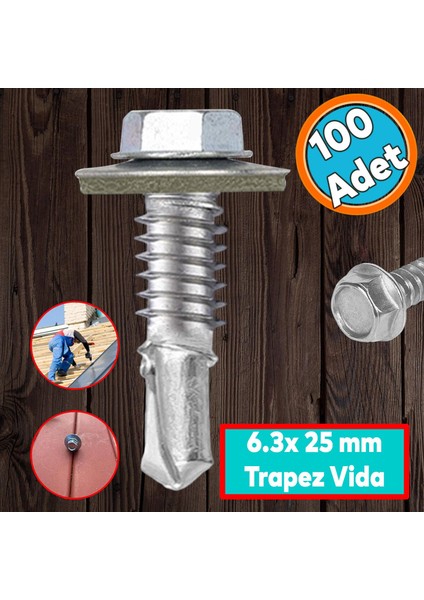 Trapez Çatı Vidası 6.3X25 mm Paket 100 Adet Matkap Uçlu Sac Akıllı Vida Çatı Panel Metal Ağaç Vidası