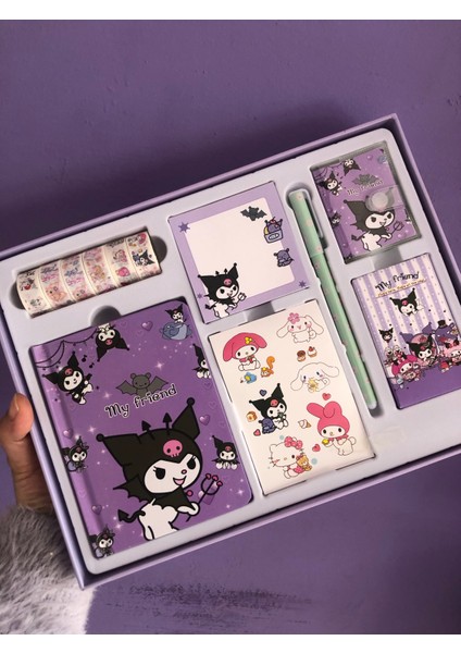 Kuromi Sanrio Kırtasiye Seti Not Defteri Günlük Ajanda Kalem Sticker Bant Etiket Küp Blok Not Hediye