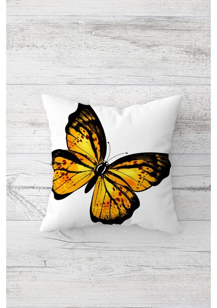 Sarı Kelebekli Çift Tarafı Baskılı Gizli Fermuarlı Yastık Kılıfı Kırlent Koltuk Yastık Kılıfı