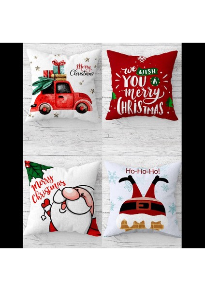 Noel Baba Merry Christmas Yılbaşı Gizli Fermuarlı Kırlent Kılıfı Koltuk Yastık Kılıfı TAKIM(4ADET)
