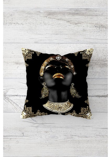 Afrikalı Kadın ve Gold Payet Desen Gizli Fermuarlı Kırlent Kılıfı Koltuk Yastık Kılıfı TAKIM(4ADET) modelleri