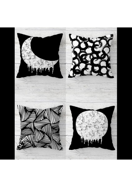 Ay ve Geometrik Desenli Gizli Fermuarlı Kırlent Kılıfı Koltuk Yastık Kılıfı TAKIM(4ADET)