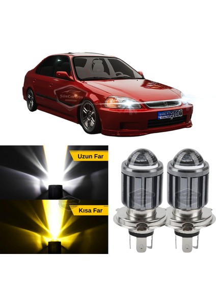 Honda Civic Ies Ek 1996-2000 Uyumlu Mercekli Far Ampulü LED Xenon Çift Renk Sarı-Beyaz Far Şimşek Etkili Csp LED Lamba Uzun Kısa 2 Adet Takım