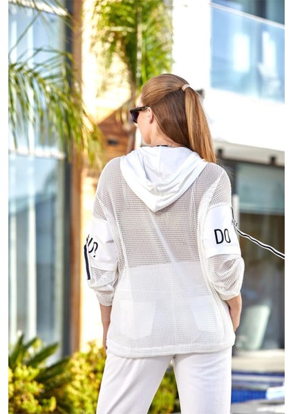 24705 Kadın File Detaylı Kapüşonlu Eşofman Takım-Krem fiyatları