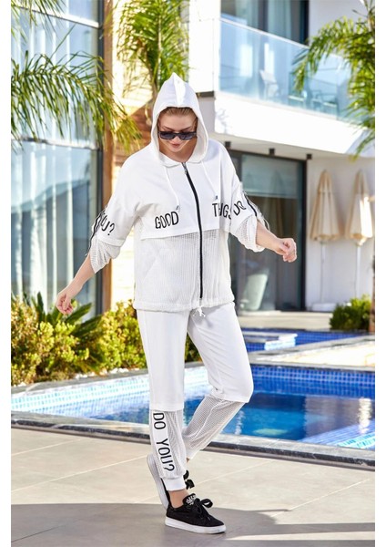 24705 Kadın File Detaylı Kapüşonlu Eşofman Takım-Krem modelleri