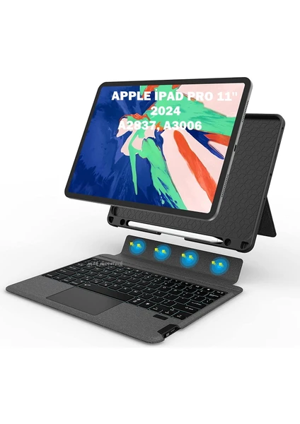 MTK Moveteck Apple Ipad Pro 11 Inç 2024 Uyumlu Mag Touchpad Manyetik Standlı Klavyeli Tablet Kılıfı A2837, A3006