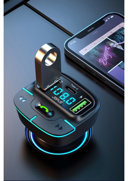 F9 Araç Fm Transmitter 5.3 Bluetooth Araç Kiti USB Type-C Hızlı Şarj Çıkışlı Çakmaklık Girişli