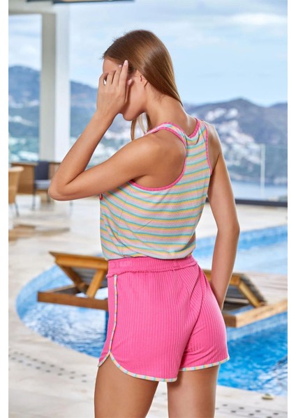 24516 Kadın Kalın Askılı Şortlu Pijama Takımı-Pembe