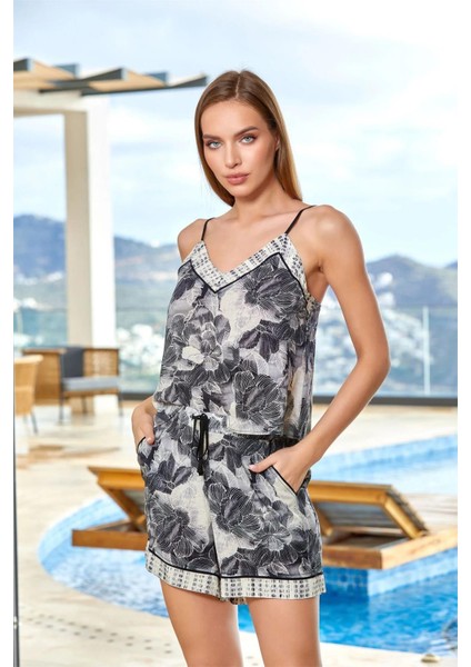 24566 Kadın Ip Askılı Şortlu Pijama Takım-Desenli