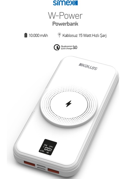 Powerbank 10000MAH Dahili Kablolu 22,5W 15W Magnetic Wireless S-33 W-Power Beyaz fırsatları