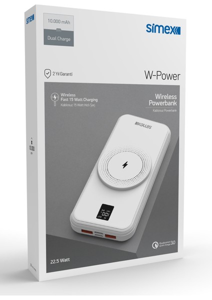 Powerbank 10000MAH Dahili Kablolu 22,5W 15W Magnetic Wireless S-33 W-Power Beyaz indirimleri