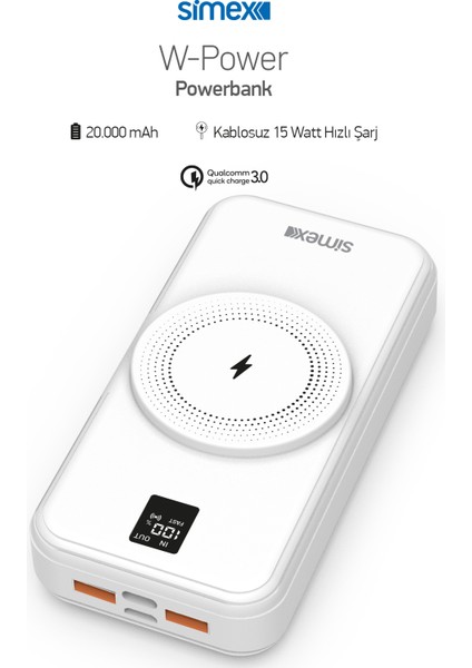 Powerbank 20000MAH Dahili Kablolu 22,5W 15W Magnetic Wireless S-33 W-Power Beyaz fırsatları