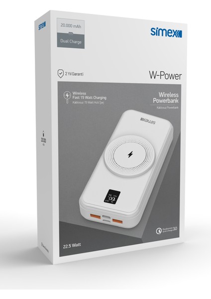 Powerbank 20000MAH Dahili Kablolu 22,5W 15W Magnetic Wireless S-33 W-Power Beyaz indirimleri