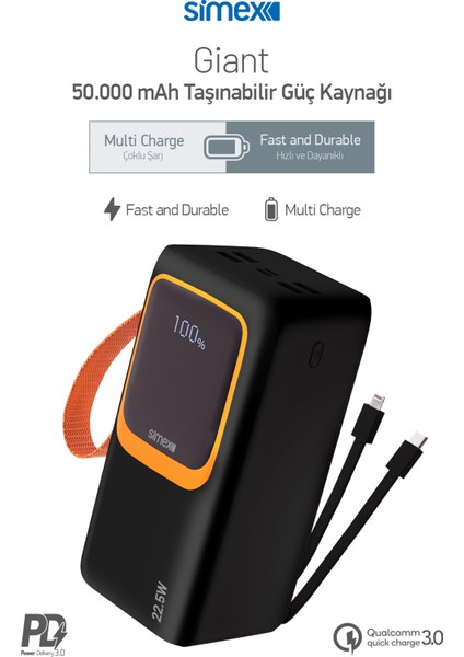 S-35 Giant 50.000 Mah Prime Dijital Göstergeli Fener Hızlı Şarj Çoklu Kablo Powerbank,taşınabilir Şarj Cihazı modelleri
