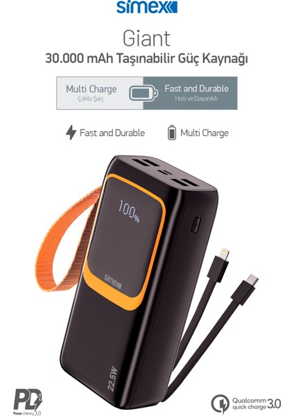 S-36 Giant 30.000 Mah Prime Dijital Göstergeli Hızlı Şarj Fener Çoklu Kablo Powerbank,taşınabilir Şarj Cihazı fiyatları