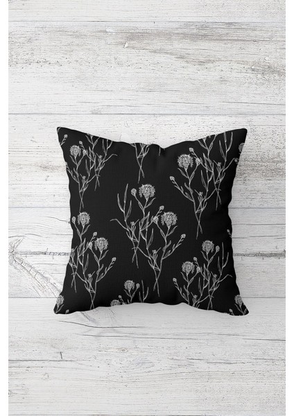 Antrasit Zemin Karanfil Desenli Vintage Çift Tarafı Baskı Gizli Fermuar Kırlent Koltuk Yastık Kılıfı