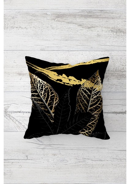 Siyah Gold Yapraklı Çift Tarafı Baskılı Gizli Fermuarlı Yastık Kılıfı Kırlent Koltuk Yastık Kılıfı
