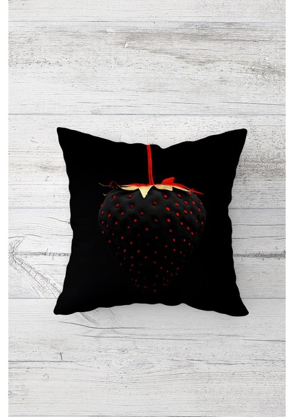 Siyah Çilek Desenli Çift Tarafı Baskılı Gizli Fermuarlı Yastık Kılıfı Kırlent Koltuk Yastık Kılıfı