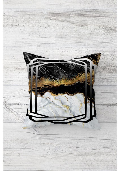 Metalik Çerçeveli Mermer Çift Tarafı Baskılı Gizli Fermuarlı Kırlent Koltuk Yastık Kılıfı