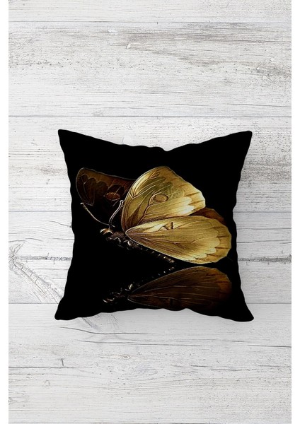 Gold Kelebekli Çift Tarafı Baskılı Gizli Fermuarlı Yastık Kılıfı Kırlent Koltuk Yastık Kılıfı