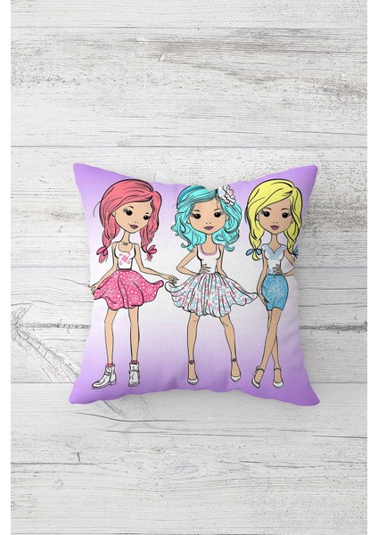 Pop Art Havalı Kızlar Çift Tarafı Baskılı Gizli Fermuarlı Yastık Kılıfı Kırlent Koltuk Yastık Kılıfı